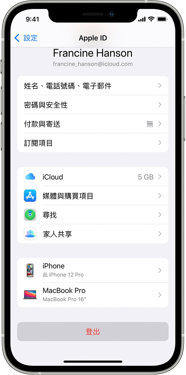 在 iPhone 螢幕底部有一個紅色文字的「登出」按鈕。
